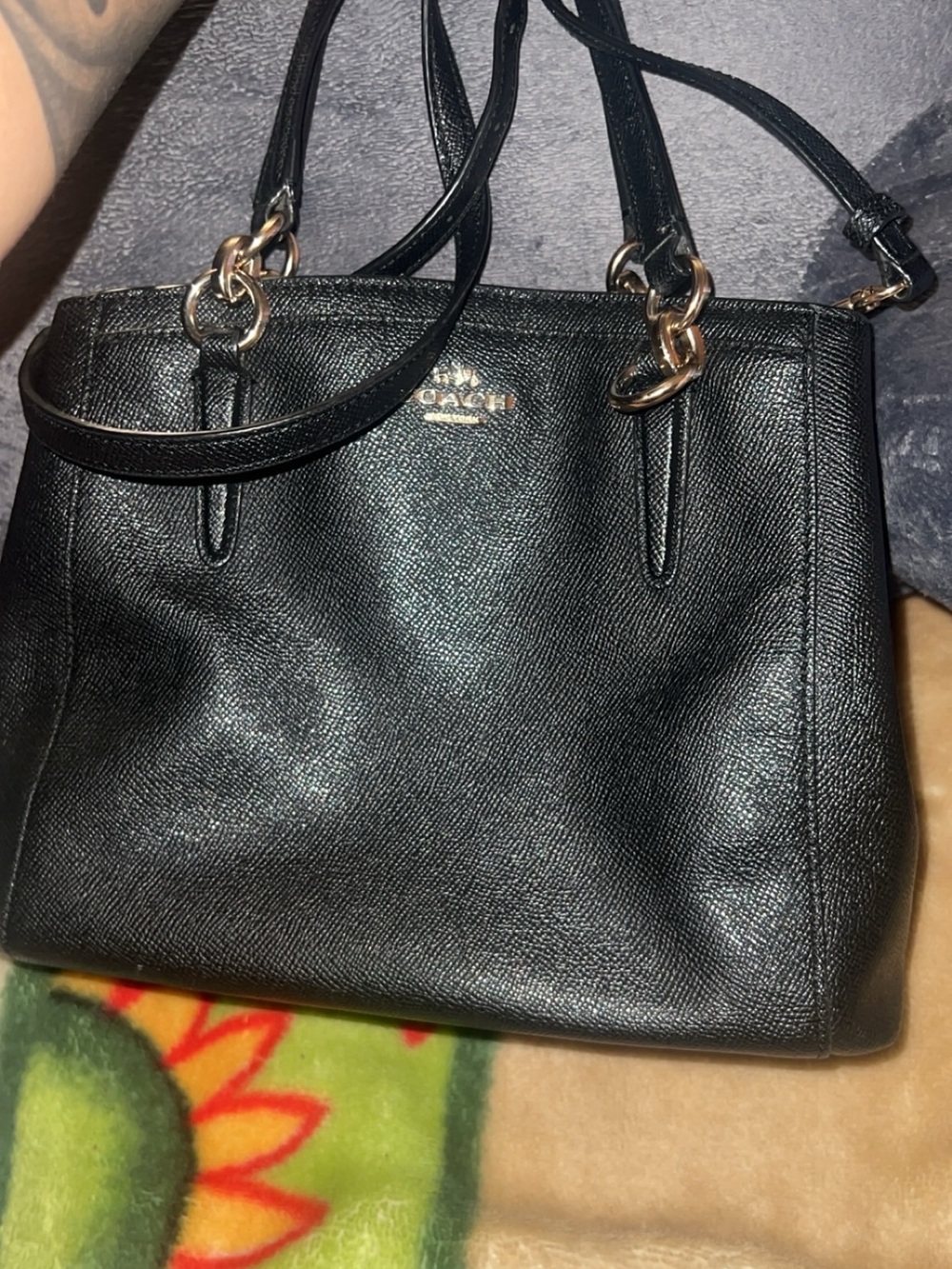 Coach Black Leather Tote with Gold Hardware Accents